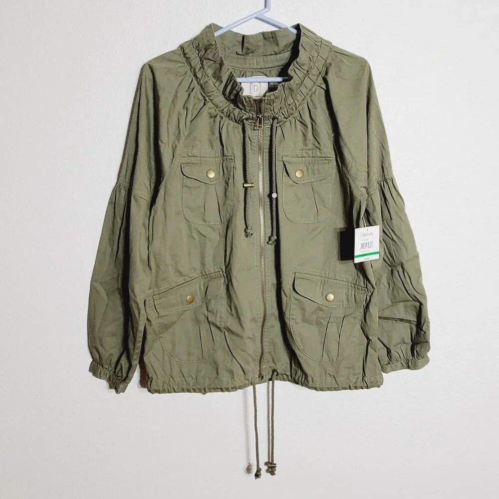 Relativity Womens Olive Green Drawstring Jacket Pockets roll tab sleeves Large - Picture 1 of 7